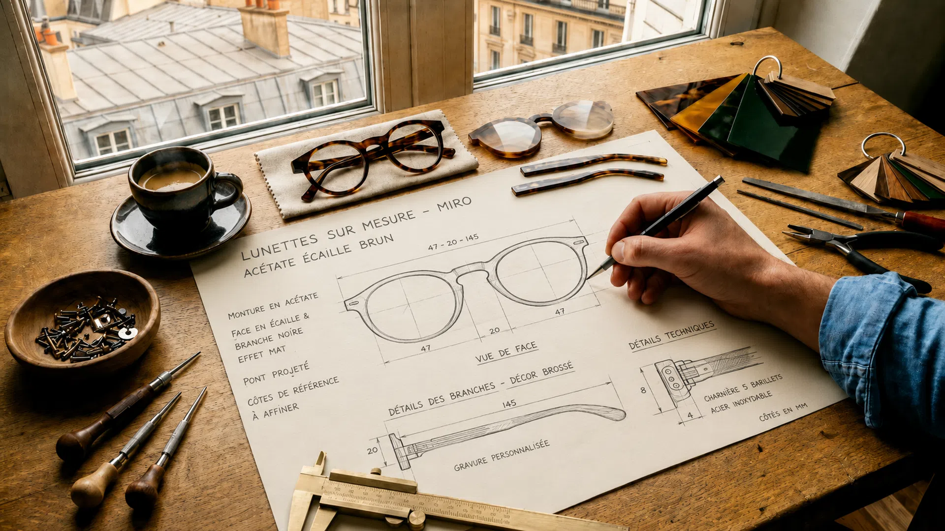 Dessin de lunettes, acétate et outils sur l’établi de l’atelier MIRO