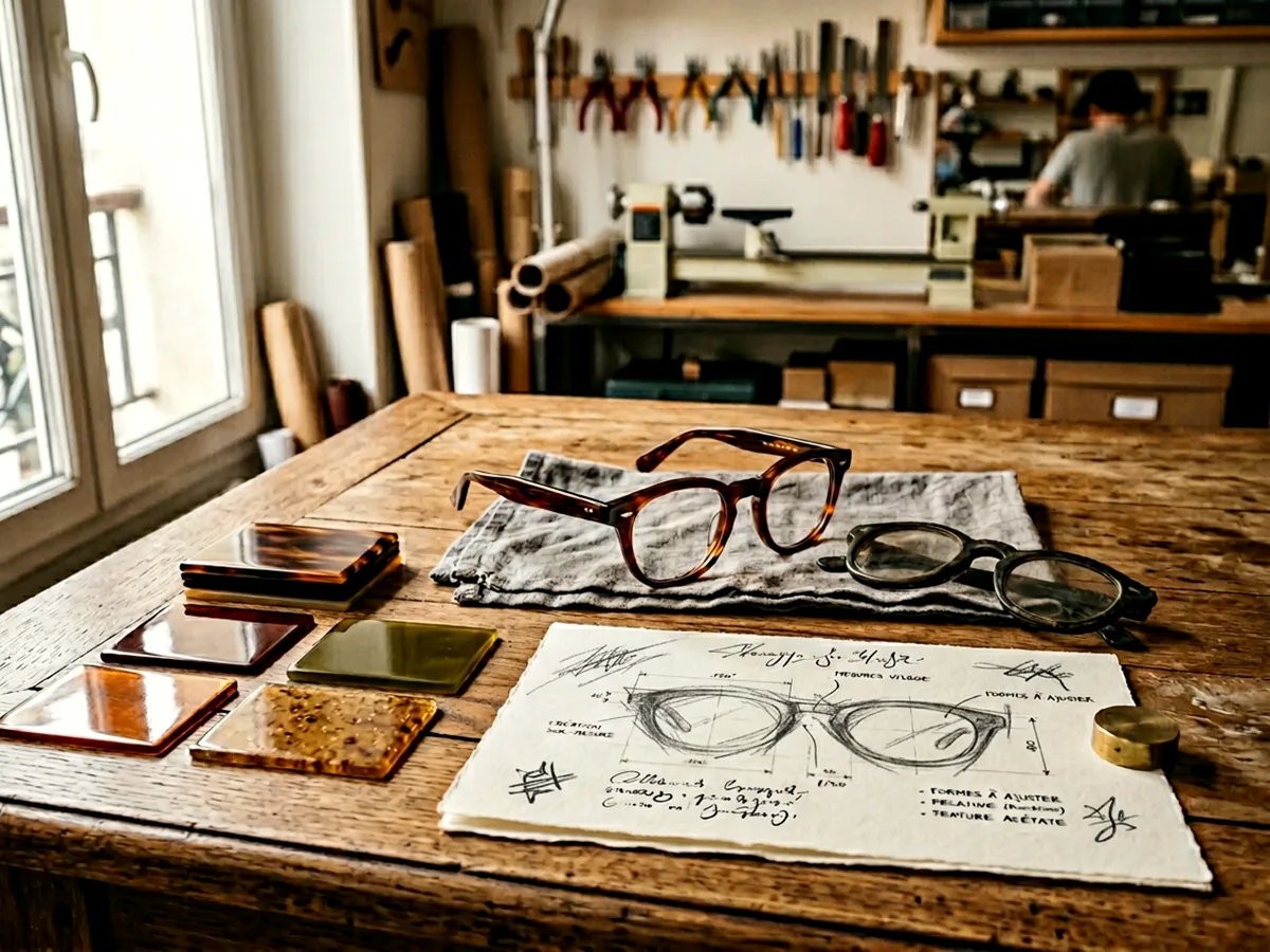 Établi de lunetier avec acétate, outils et documents de fabrication MIRO